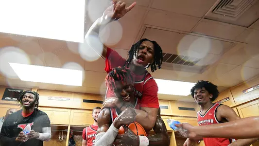 Malek Green and Dwayne Cohill celebrate YSU's big win over Milwaukee