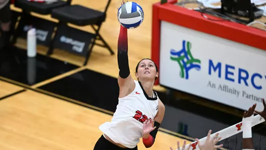 Layne Graffice attacks a ball in the Youngstown State volleyball match vs. Kent State on Sept. 19, 2025, at Zidian Family Arena at Beeghly Center.