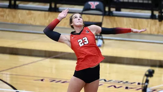 Abbie Householder goes up for an attack in Youngstown State's volleyball match vs. Akron on Sept. 18, 2025, at Beeghly Center. Photo by Bryson Chavez.