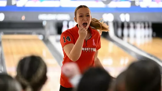 Leyna Kratzer celebrates as strike for Youngstown State bowling's team at the 2025 Chelsea Gilliam Penguin Classic on Oct. 19, 2025. Photo by Robert Hayes.