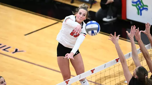 Abbie Householder attempts a kill in Youngstown State's volleyball match vs. Milwaukee on Oct. 24, 2025. Photo by Robert Hayes.