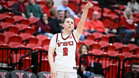 Danielle Cameron follows through on a 3-pont shot attempt. Youngstown State women's basketball vs. Bucknell at Zidian Familly Arena at Beeghly Center on Nov. 16, 2025. Photo by Robert Hayes