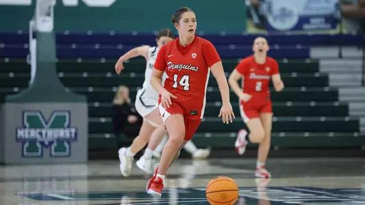Casey Santoro runs up the court on a fast break in the Youngstown State women's basketball game at Mercyurst on Nov. 20, 2025.