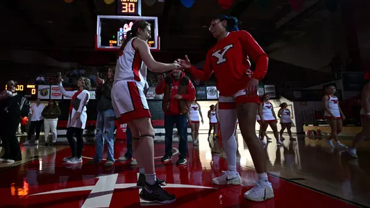 Sarah Baker and Faith Burch in starting introductions. Youngstown State women's basketball vs. Bucknell at Zidian Familly Arena at Beeghly Center on Nov. 16, 2025. Photo by Robert Hayes