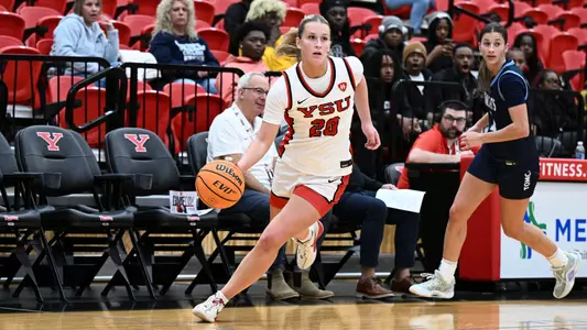 Brooke Adkins drives to the basket. Youngstown State women's basketball vs. Thiel on Nov. 3, 2025. Photo by Robert Hayes.
