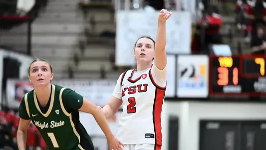 Danielle Cameron holds her shot after a 3-point attempts in the Youngstown State women's basketball game vs. Wright State on Dec. 16, 2025. Photo by Robert Hayes.