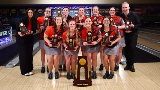 LAS VEGAS, NEVADA - APRIL 12: The Youngstown State Penguins celebrate after defeating the Jacksonville State Gamecocks in the NCAA National Collegiate Bowling Championship held at the Suncoast Bowling Center on April 12, 2025 in Las Vegas, Nevada. (Photo by Justin Tafoya/NCAA Photos via Getty Images)