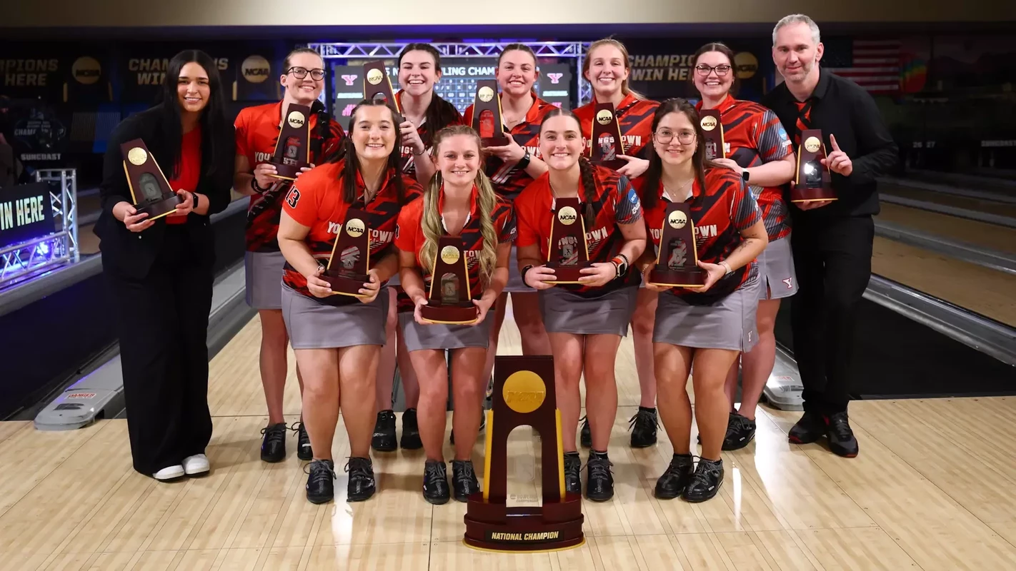 LAS VEGAS, NEVADA - APRIL 12: The Youngstown State Penguins celebrate after defeating the Jacksonville State Gamecocks in the NCAA National Collegiate Bowling Championship held at the Suncoast Bowling Center on April 12, 2025 in Las Vegas, Nevada. (Photo by Justin Tafoya/NCAA Photos via Getty Images)