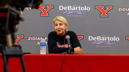 YSU head women's basketball coach Melissa Jackson speaks while seated at a press conference in the Beeghly Center film room before the 2025-26 season.