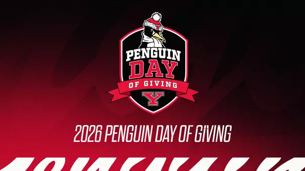 Penguin Day of Giving logo on a red to black gradient background