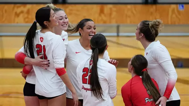 YSU's volleyball team celebrates on the court after scoring a point against IU Indy on Oct. 2, 2026.