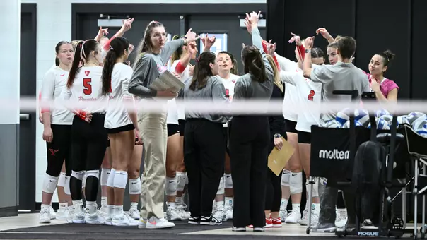 Youngstown State's volleyball team huddles off the court between sets during its match against NIU on Oct. 24, 2026.