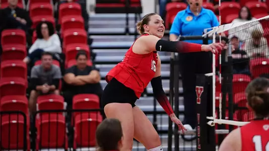 Kylie Surratt follows through on an attack at the net in YSU’s match against IU Indy on Oct. 3, 2026