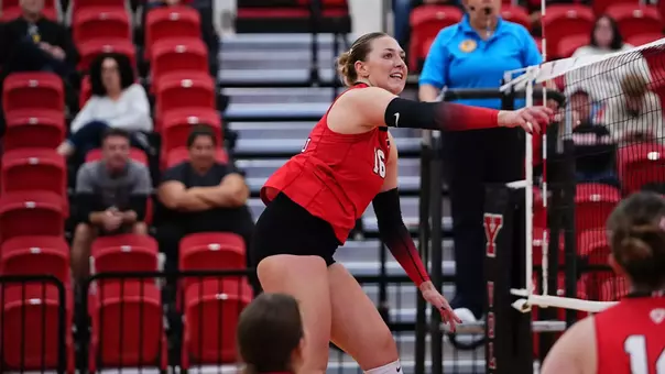 Kylie Surratt follows through on an attack at the net in YSU’s match against IU Indy on Oct. 3, 2026