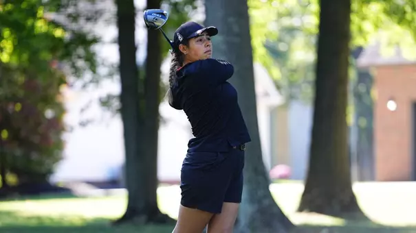 Valentina Peña Anaya hits a tee shot for YSU during the YSU Fall Shootout vs. Mercyhurst on Oct. 4, 2026 (Photo by Drae Smith)