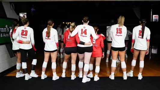 Photo from behind YSU's volleyball starters during pregame introductions on Oct. 2, 2026.
