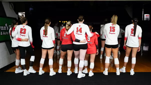 Photo from behind YSU's volleyball starters during pregame introductions on Oct. 2, 2026.