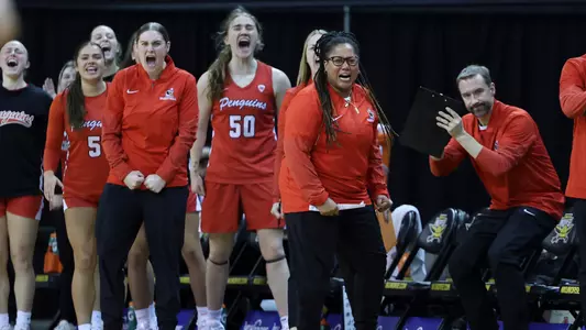 YSU's bench celebrates a basket as the Penguins beat NKU 75-55 on Feb. 19, 2026. Photo by Chloe Whitlock.