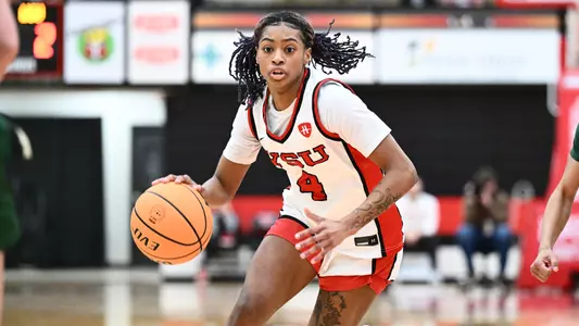 Erica King dribbles for the Youngstown State women's basketball team in the first round of the 2026 Horizon League Women's Basketball Championship.