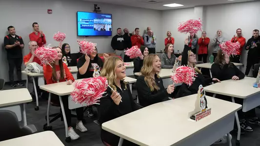 YSU's bowling team celebrates with supporters at its NCAA Tournament Selection Show Watch Party