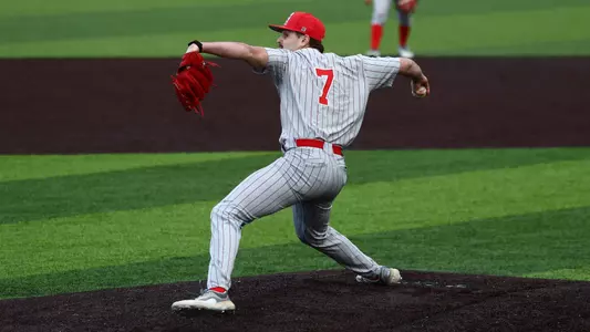 Luke Zmolik delivers a pitch for YSU during a baseball game at Longwood on Feb. 27, 2026 (Photo by Bryson Chavez)