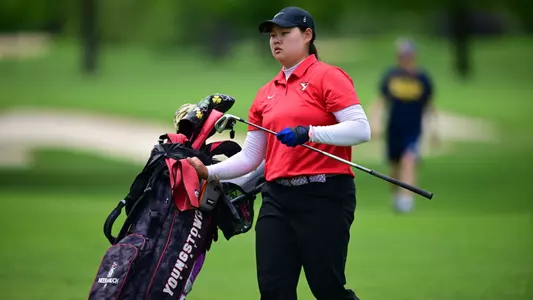 Neeranuch Prajunpanich walks the fairway for YSU at OSU Golf Club's Scarlet Course in Columbus, Ohio, during the NCAA Women's Golf Regionals on May 7, 2025 (Photo by Dave Dermer)