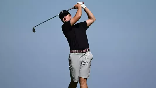 Ryan Sam hits a tee shot for YSU during the Mercyhurst Laker Fall Invitational on Sept. 14-15, 2025 (Photo by Robert Hayes)
