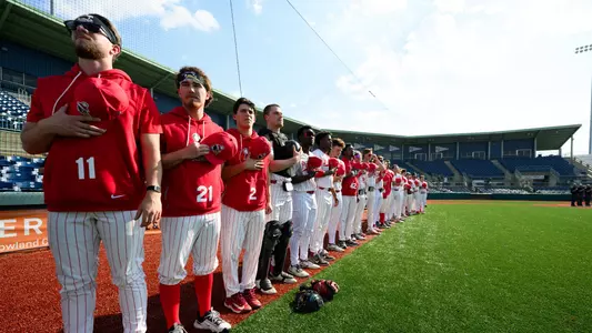 The YSU baseball team stands during the national anthem before a game vs. Toledo on April 22, 2026 at 717 Credit Union Field at Eastwood (Photo by Robert Hayes)