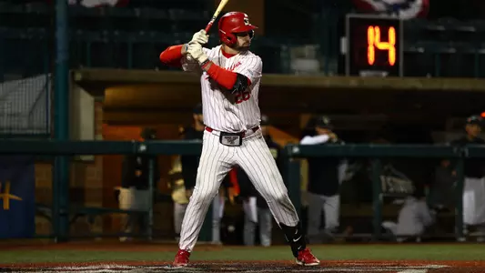 Luke Rossi awaits a pitch at the plate for YSU during a baseball game against Oakland in the Horizon League Championship at Nischwitz Stadium on May 20, 2026 (Photo by Bryson Chavez)