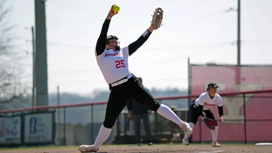 Kennedy Kimball fires a pitch against St. Bonaventure on April 8, 2026