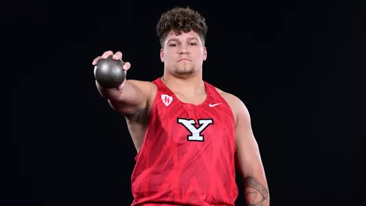 Jaden Kirkwood holds a shot put at 2026 Track and Field Media Day