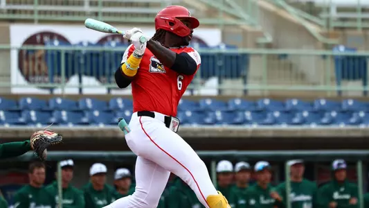Chyran Humphries hits a pitch for YSU during a baseball game vs. Eastern Michigan on May 6, 2026 (Photo by Bryson Chavez)