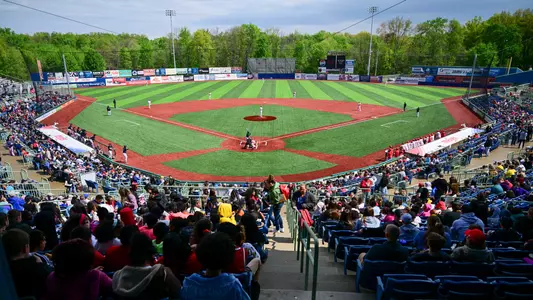 Wide-angle view of 717 Credit Union Field at Eastwood from behind home plate at the Youngstown State baseball game vs. Milwaukee on May 8, 2026.