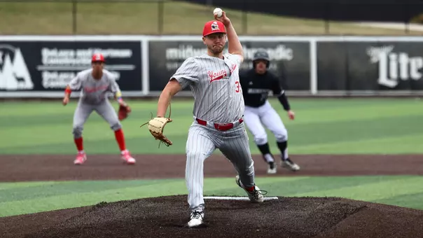 Braden Gebhardt delivers a pitch for YSU during a baseball game at Milwaukee on April 3, 2026 (Photo by Bryson Chavez)