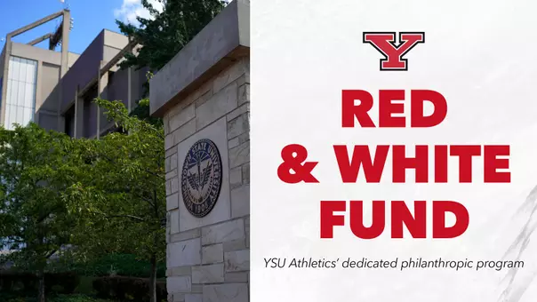 Graphic: Outside view of Stambaugh Stadium on the left with Red & White Fund text on the right