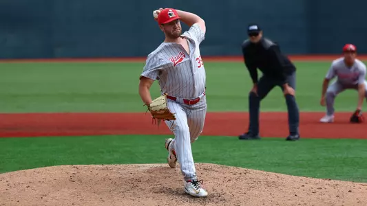 Braden Gebhardt delivers a pitch for YSU during a baseball game at Wright State on May 14, 2026 (Photo by Bryson Chavez)