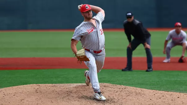 Braden Gebhardt delivers a pitch for YSU during a baseball game at Wright State on May 14, 2026 (Photo by Bryson Chavez)