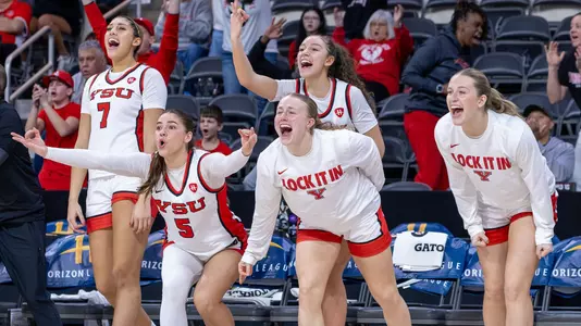 YSU women's basketball players celebrate on the bench during the 2026 Horizon League Women's Basketball Championship (Photo by Chloe Whitlock)