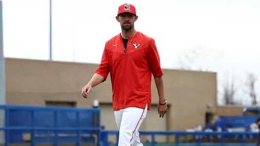 Head Coach Trevor Charpie walks to YSU's dugout during a baseball game at Pitt on March 25, 2026 (Photo by Bryson Chavez)