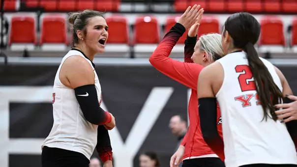 Ava Stratton celebrates a point in YSU's volleyball match vs. Kent State on Sept. 19, 2025, at Zidian Family Arena at Beeghly Center.