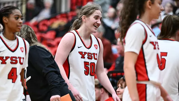 Sarah Baker smiles during a timeout of the Youngstown State women's basketball vs. Detroit Mercy on Feb. 25, 2026 (Photo by Robert Hayes)