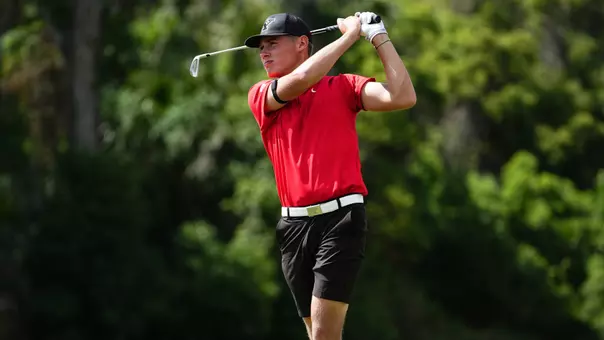 Jordan Kish hits a tee shot for YSU during the 2026 Horizon League Men's Golf Championship (Photo by Drae Smith)