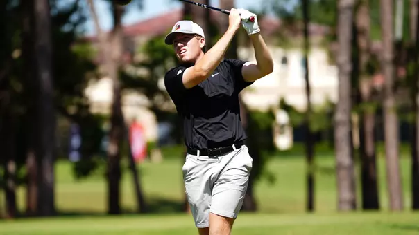 Ryan Sam hits a tee shot for YSU during the 2026 Horizon League Men's Golf Championship (Photo by Drae Smith)