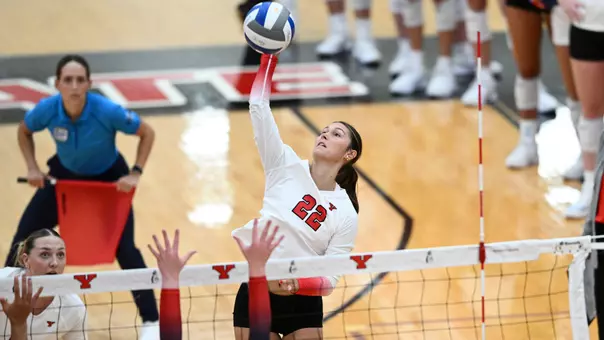 Layne Graffice swings at the net in YSU's match against Duquesne on Aug. 28, 2026.