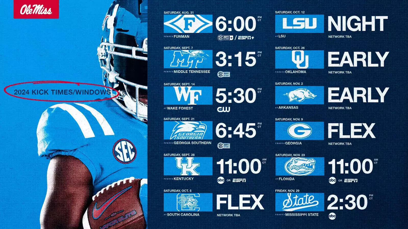 football-announces-kick-times-windows-for-remainder-of-2024-season-ole-miss-athletics-hotty-toddy