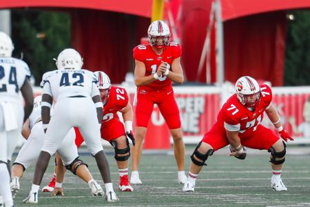 Quarterback Caden Veltkamp (10 Offensive lineman Wyatt Anderson (71) Offensive lineman Colton Cable (72) of the WKU Hilltoppers at Houchens Industries - L.T. Smith Stadium on September 24, 2022 in Bowling Green, KY. Photo by Gunnar Word/WKU Athletics